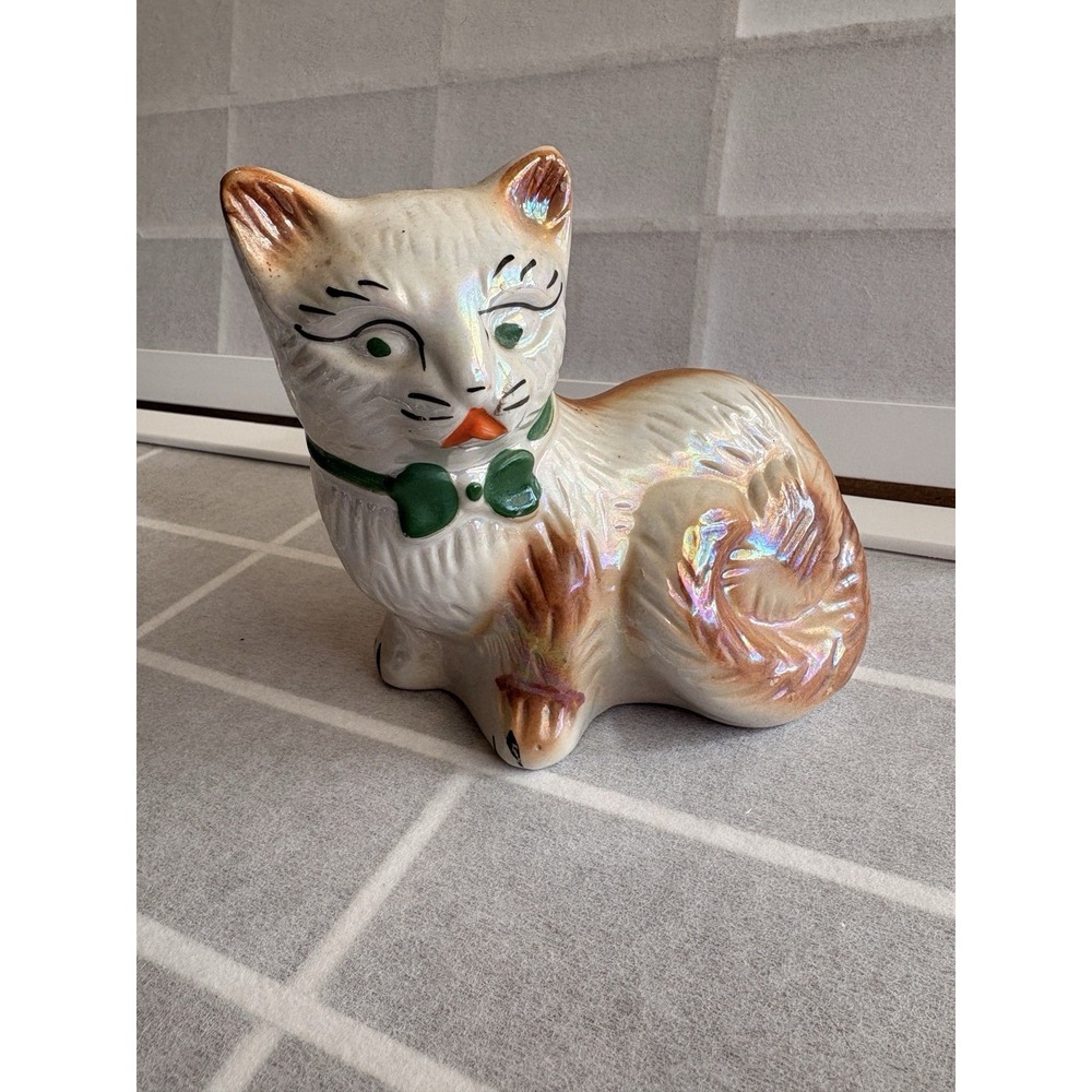 Magical Vintage Whimsical Iridescent Ceramic Kitty Cat Figurine Brazil 5.25"
